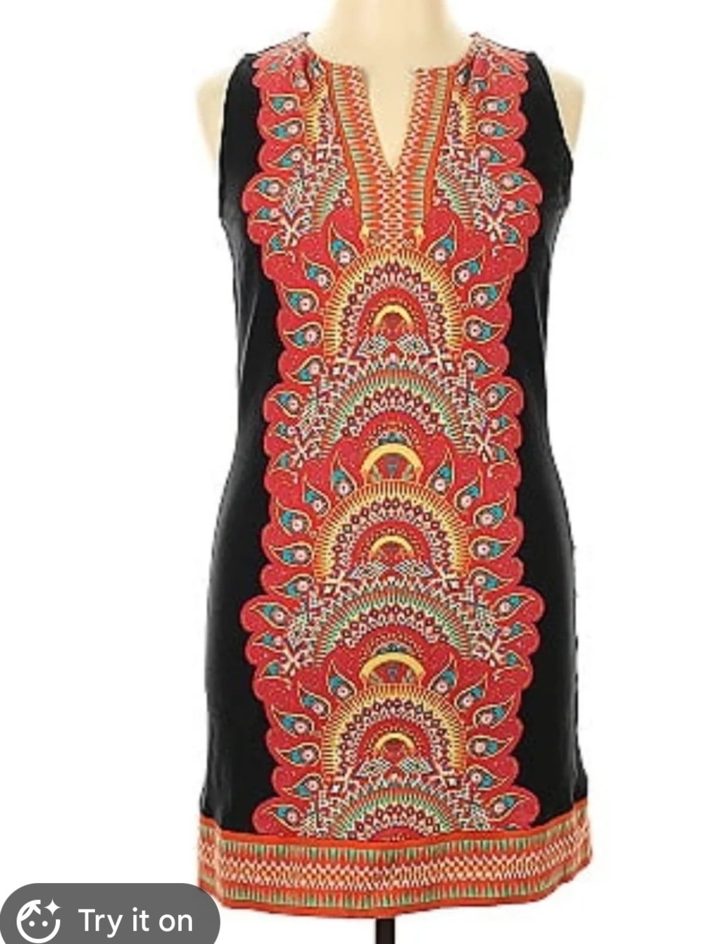 Black Sleeveless Shift Dress with Red Multicolor Design